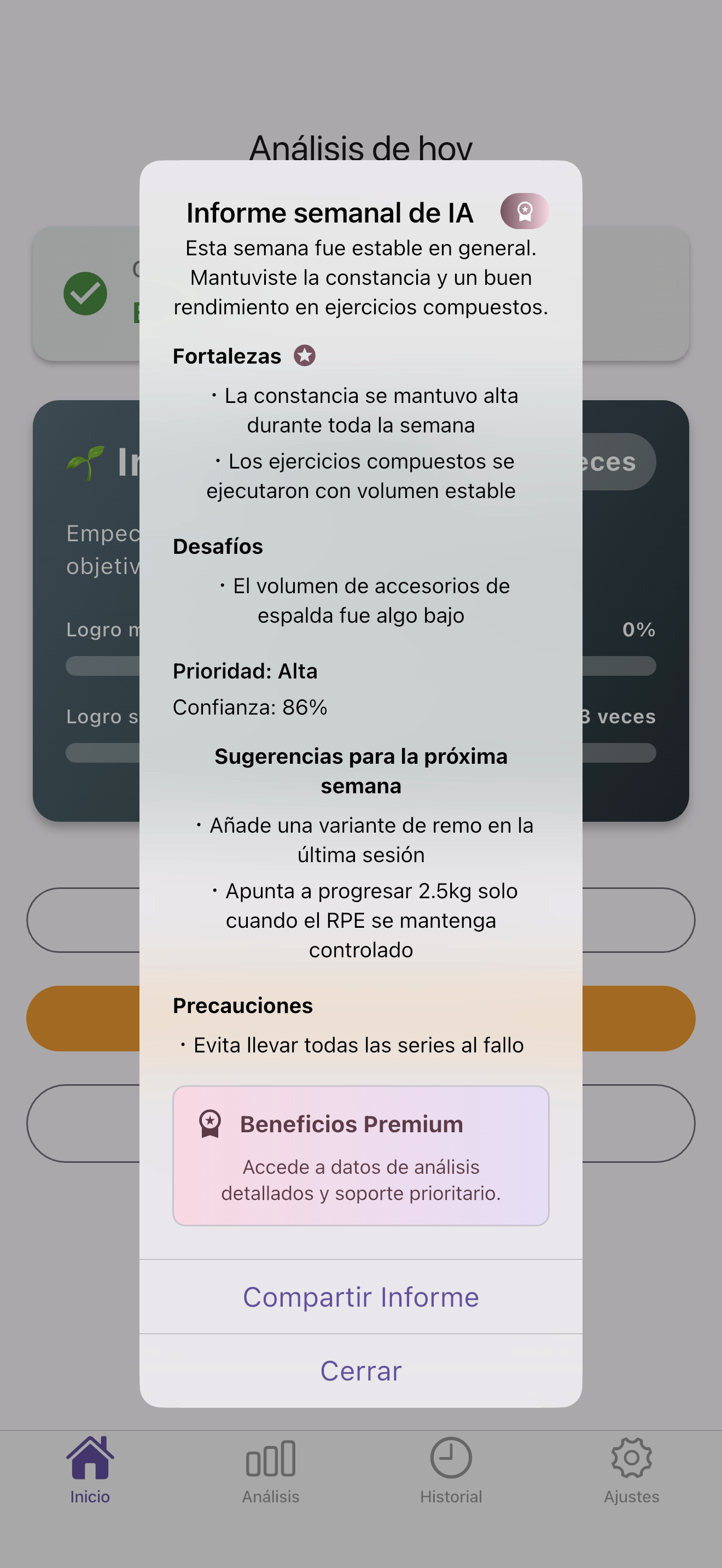 Pantalla de reporte semanal